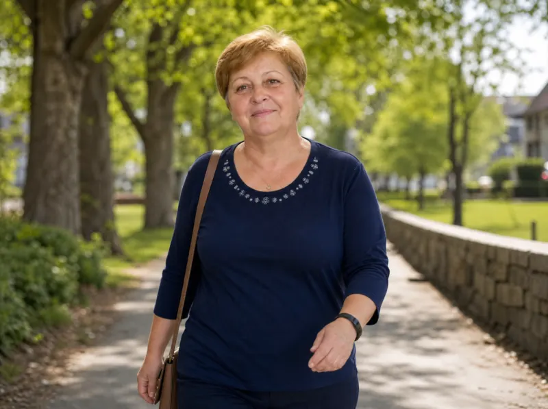 Nasmijana žena u srednjim godinama šeta parkom